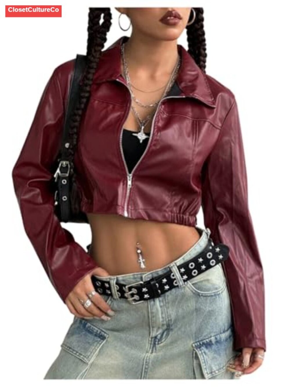 Faux Leather Cropped Moto Jacket Zip Up Bomber Concert Top